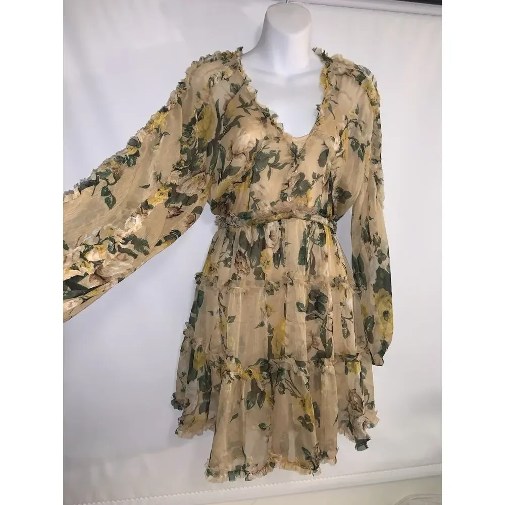 O.P.T Women's Floral Print Romantic Coquette Dress Yellow Size XS
